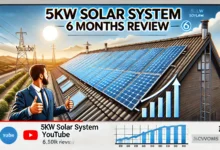 DALL·E 2024 09 06 11.26.28 A professional YouTube thumbnail showing a review of a 5kw solar system after 6 months of use. The thumbnail should feature a large solar panel array