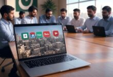 Pakistani professionals collaborating in a modern office, working on laptops with a cityscape background on the screen displaying icons of Upwork, Fiverr, Daraz, and YouTube, symbolizing online earning opportunities in Pakistan in 2025, with the Pakistani flag in the background.